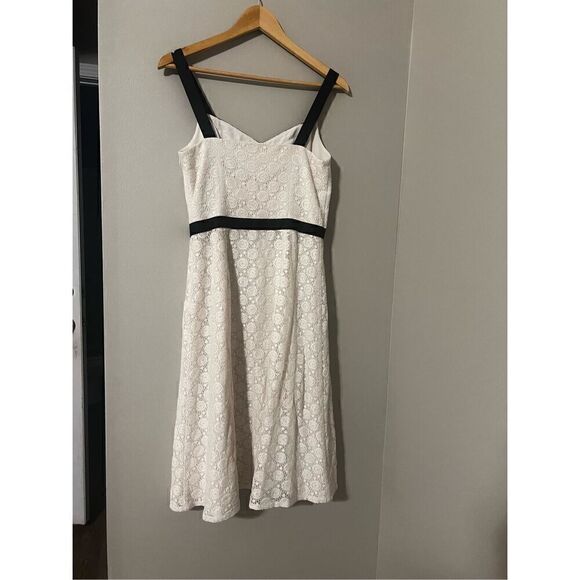 Ann Taylor Loft Women’s Size 4 Midi Dress Ivory Black Lace Overlay Side Zip - Picture 9 of 12